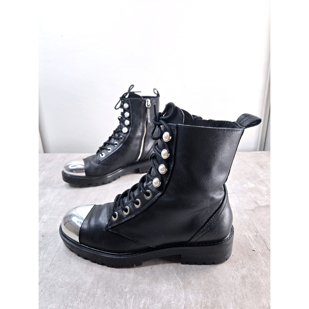 Zara Silver Cap Toe Pearl Combat Boots 6.5 Black Leather Lace Up Lug Sole Punk